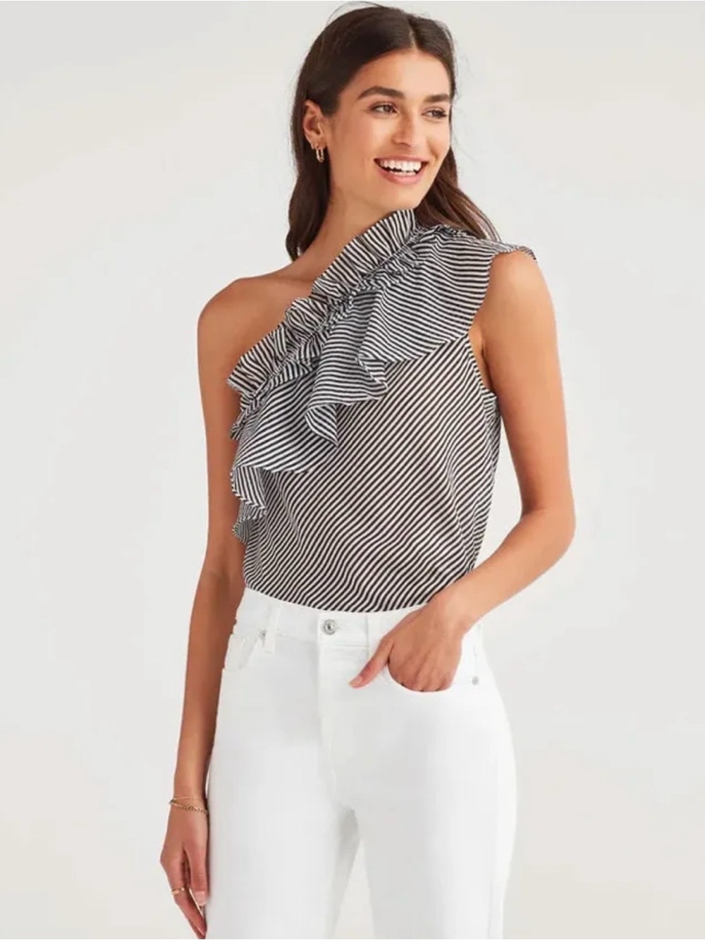 7 For All Mankind Black & White One-Shoulder Ruffle Top Size Small